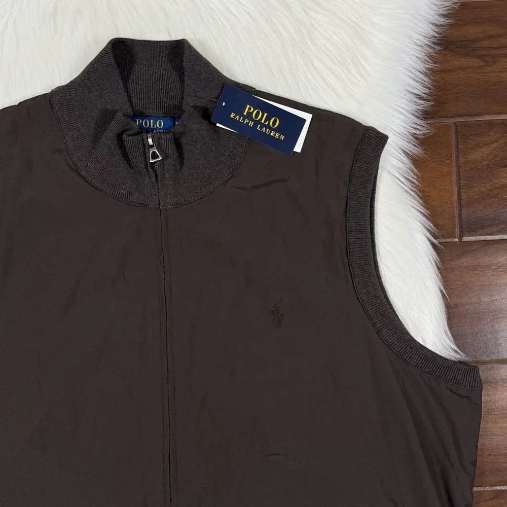 Polo Ralph Lauren Men's Size XLT Brown Hybrid Full Zip Sweater Vest Jacket